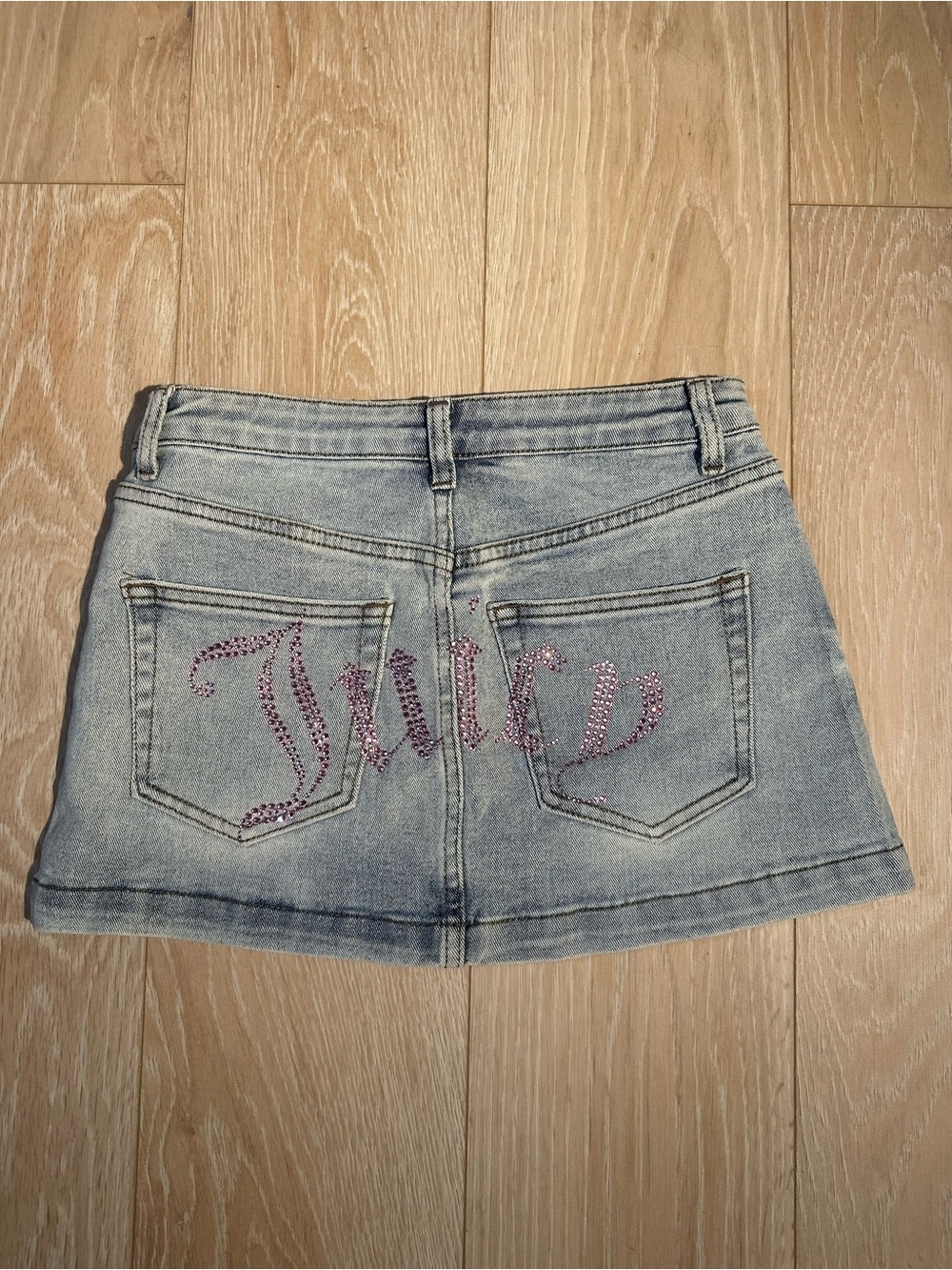 Juicy Couture Light Wash Denim Mini Skirt with Pink Rhinestone Juicy Logo